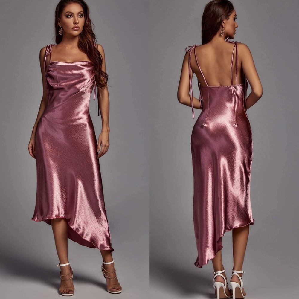 Bella: Runway Pink Asymmetric Satin Dress - Size Small